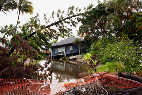 A house surrounded by floodwaters and fallen trees after a storm