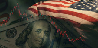 US flag dollar bill stock market decline graph