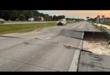 All westbound lanes of I-70 closed near Centerville after road surface is washed away by floodwaters