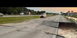 All westbound lanes of I-70 closed near Centerville after road surface is washed away by floodwaters